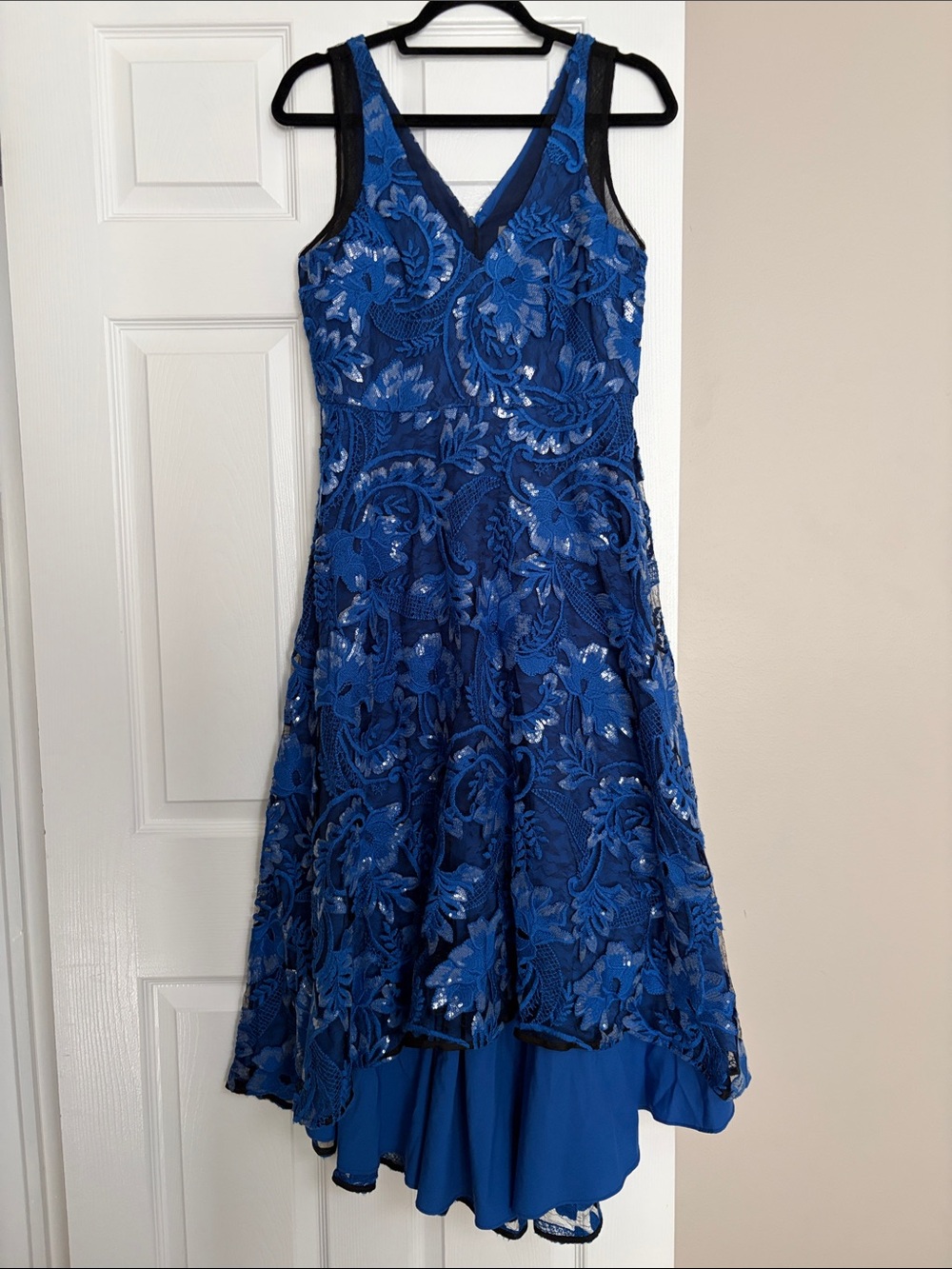 Blue Sleeveless Embroidered Lace & Sequin Fit-and-Flare hi-low dress | Sz 8